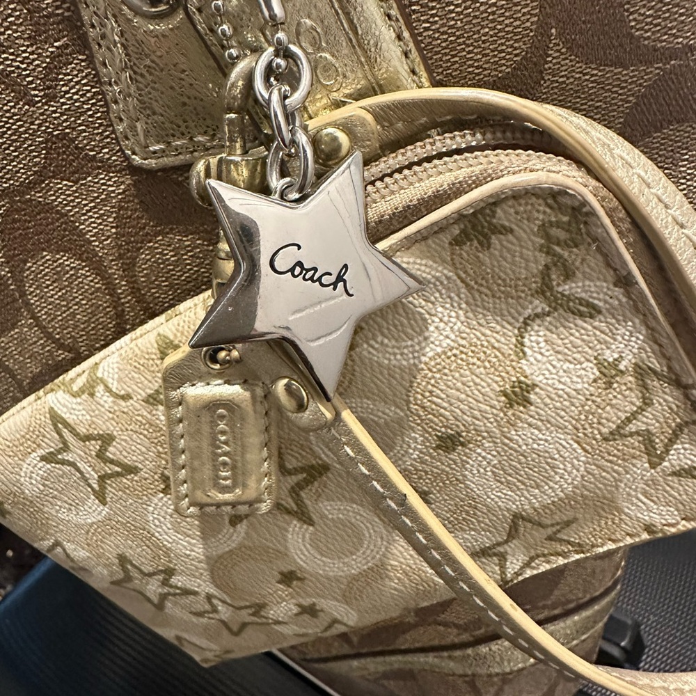 Coach Heritage Star Print Light Brown/Gold Double Handle Tote & Cardholer - Picture 2 of 14